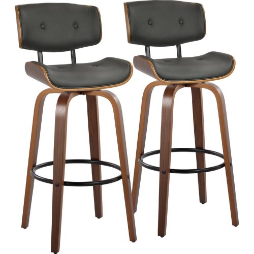 Lombardi 30" Swivel Bar Stool in Walnut Wood & Grey Leatherette w/ Black Footrest (Set of 2)